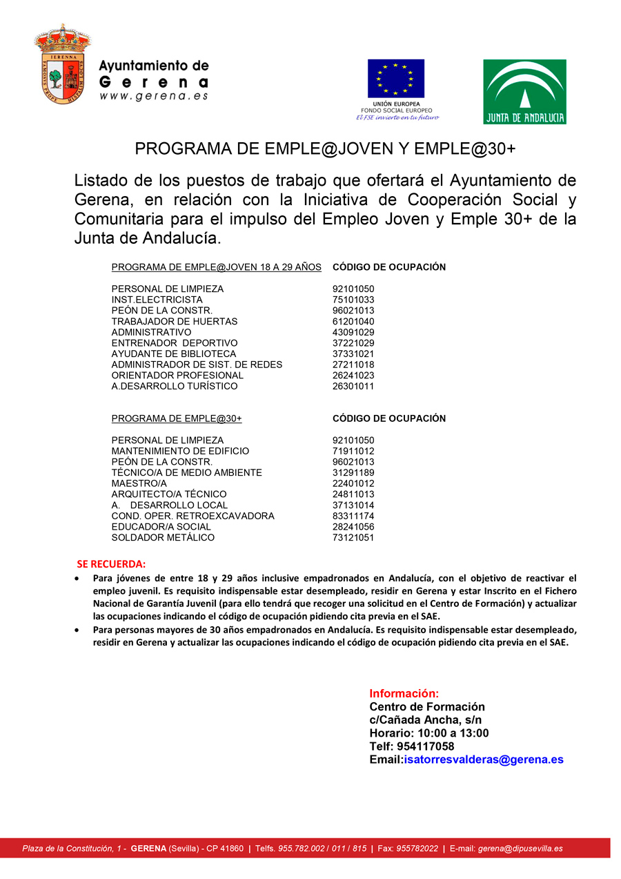 Listado de puestos de trabajo del Ayuntamiento de Gerena para programa Emple@joven y Emple@30+