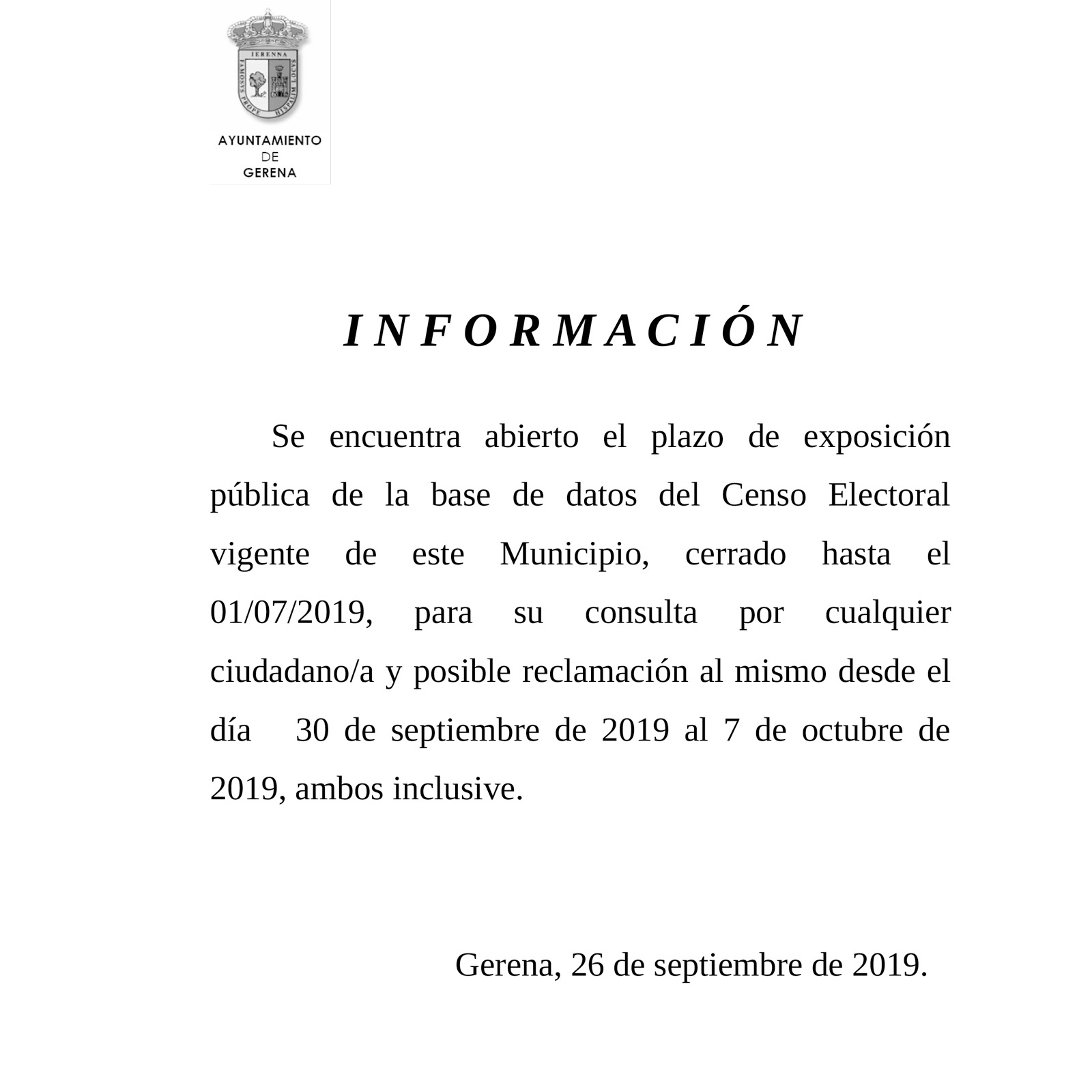 Publicación del censo electoral, septiembre de 2019